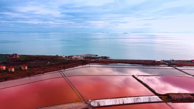 Contrasting blue waterfront with the pink ponds of salty water. Salt lakes with piles of salt around. Aerial view.