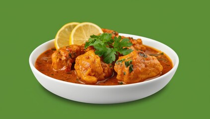 Fototapeta premium Spicy Indian chicken dish with thick sauce, topped with coriander and lemon, served in a white bowl on a green backdrop.