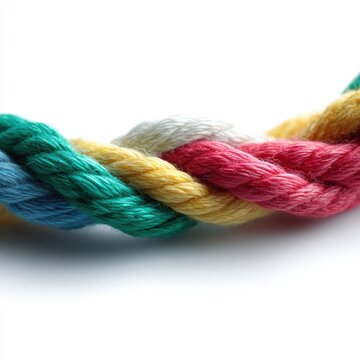 Braided colorful ropes tied together isolated on white background, unity concept