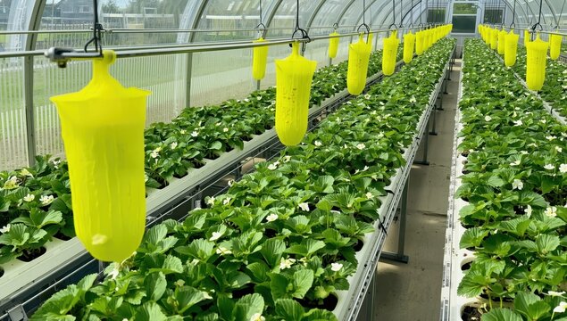 Adhesive yellow traps for whiteflies and pests in greenhouse storage. Safe, non-toxic plant control. Strawberry seedlings with blooms and foliage thrive on nutrient-rich shelves.