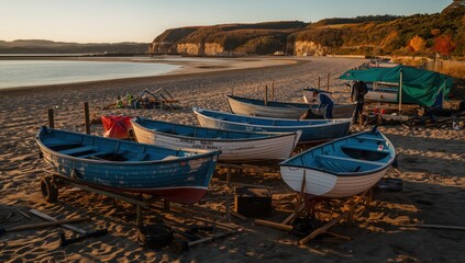 Obraz premium At Back Beach, small vessels are docked as maintenance occurs in the autumn glow. Wooden boats sit on stands with tools and tarps spread around the site.