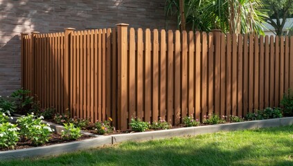 Fototapeta premium Yard features a wooden panel and brick wall fence. Brown picket fence and light wall outdoors. Durable wood stain finish. Featheredge fence with concrete.