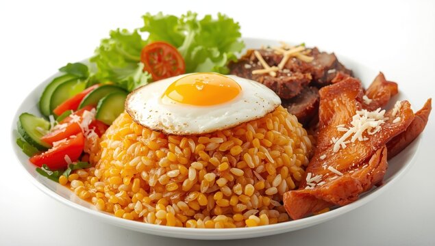 Traditional Filipino breakfast featuring rice, corned beef, dried fish, and cheesy salad.