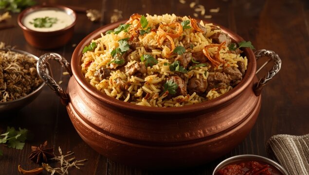 Dum Handi Mutton Biryani, a type of gosht pilaf, is made in a clay pot known as Haandi and serves 1 kilo. It's a well-known Indian meat dish.