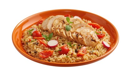 Fototapeta premium Round dish with orange rim featuring risotto, grilled chicken, and red vegetables, set against a white background.