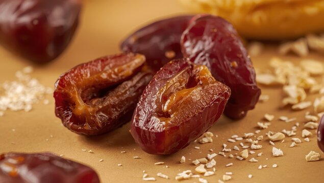 Halved Medjool dates revealing pit and sweet interior, nutritious dried fruit treat on a warm golden backdrop.