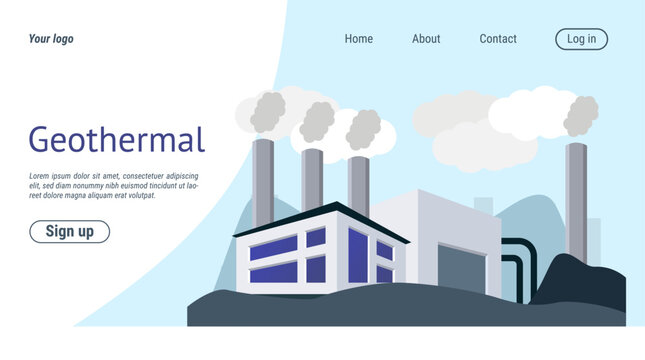 Power plant landing page. Geothermal station. Electricity generation. Renewable energy of water. Website design template. Alternative resource. Hydropower turbines. Vector background