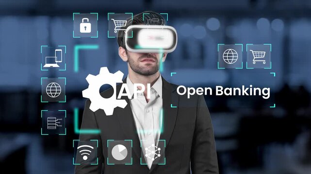 Man in Virtual Reality Headset Interacting with Open Banking API Concept in Modern Office Environment Gluon.