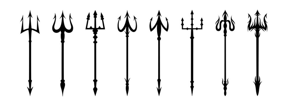 Devil trident. Poseidon fork. Hell demon spear or Satan weapon. Mythology silhouette pike. Fantasy harpoon. Black myth symbol. Ancient lance. Neptune pitchfork. Vector graphic icons set