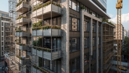 Obraz premium Renovating a structure with scaffolding. Contemporary balconies. City construction initiative. Restoration or exterior improvement. Residential design and structural upkeep backdrop.