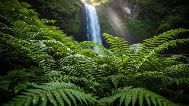 A serene waterfall surrounded by lush greenery and ferns in a natural landscape