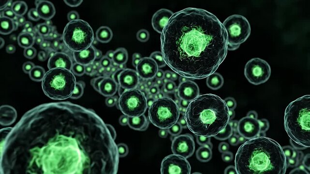 A microscopic view of bioluminescent cell structures, glowing with green light, against a dark backdrop