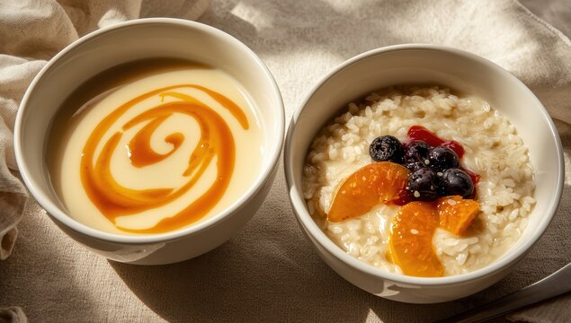Morning meal featuring milk rice porridge with bananas, blueberries, and orange jam, alongside creamy rice pudding or French riz au lait in a bowl. Space for text.