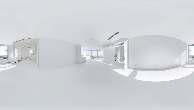 unfurnished white space with large windows, complete 360-degree spherical HDRI panorama of a modern apartment interior in equirectangular format.