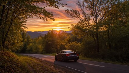 Naklejka premium Summer drive through the Appalachian mountains at sunset, along a parkway amidst vibrant Tennessee woods.