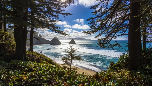 Light streams through coastal trees overlooking Ruby Beach and ocean waves in Washington.