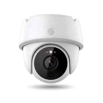 White dome security camera with a power button icon and integrated light for home surveillance use