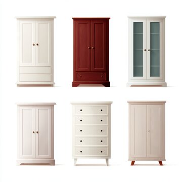 Set of different wardrobe furniture pieces isolated on white background, interior element collection
