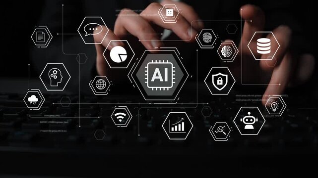 Abstract representation of artificial intelligence technology with keyboard and hands, digital data, and futuristic icons in dark background Gluon.