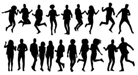 Fototapeta premium Collection of black silhouettes of people running and standing isolated on transparent background