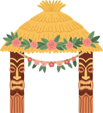 Tiki hut arch with floral garland and wooden totem poles for tropical luau party decoration vector illustration