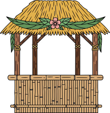 Tropical bamboo tiki hut with thatched roof and floral decoration, vector illustration for summer events