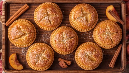 Fototapeta premium Small peach and cinnamon hand pies on a wooden tray, dusted with sugar, viewed from above.