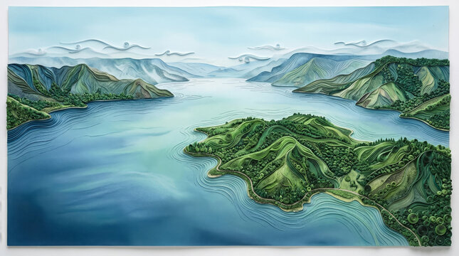 Aerial 3D Lake Toba Paper Quilling Landscape