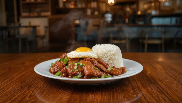 Genuine Thai basil beef (Pad Kra Pao) accompanied by jasmine rice and a crispy fried egg on a wooden surface. Well-liked spicy street food.