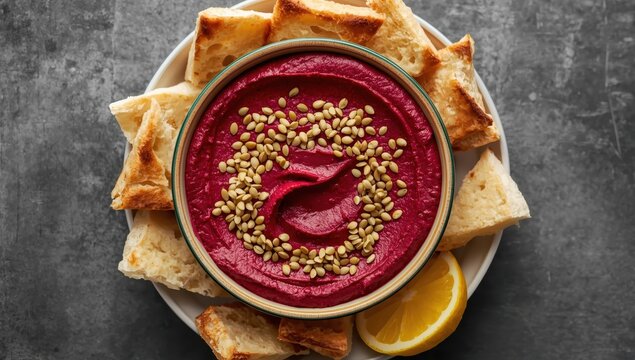 Bowl of beet hummus topped with sesame and pumpkin seeds, served with pita on a gray stone surface, overhead shot.