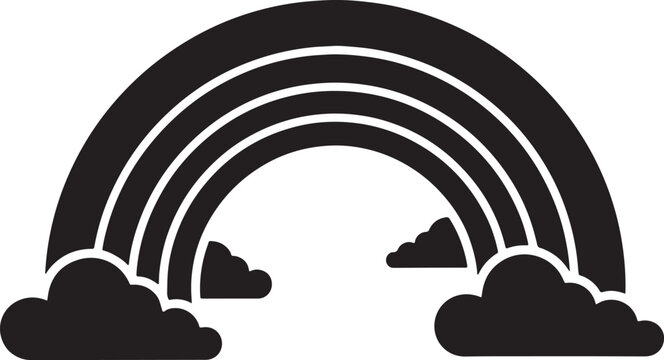 A minimalist black and white graphic icon representing a simple rainbow arched over fluffy clouds Vector, illustration