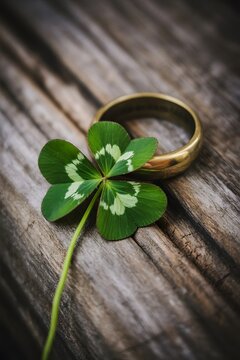 A Golden Ring Rests Beside a Four-Leaf Clover on a Weathered Wooden Surface, Symbolizing Luck and Commitment.