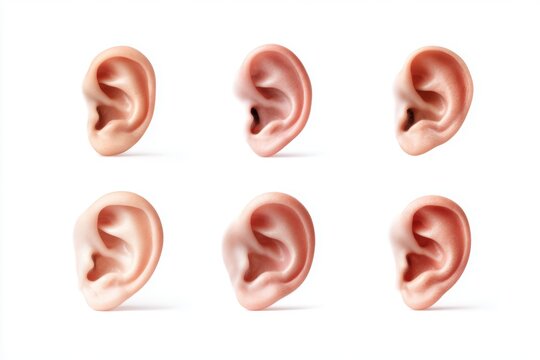 Human ears collage isolated on white background, anatomy and hearing concept