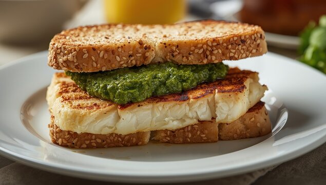 Fancy morning meal. Sandwich featuring white fish and green pesto. Nutritious bread with flaxseeds.
