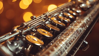 Fototapeta premium Detailed view of a metallic musical instrument in silver and gold, featuring shiny keys and a soft bokeh backdrop.