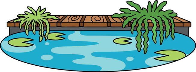 Obraz premium Cartoon pond with wooden dock, lily pads, and green aquatic plants illustration