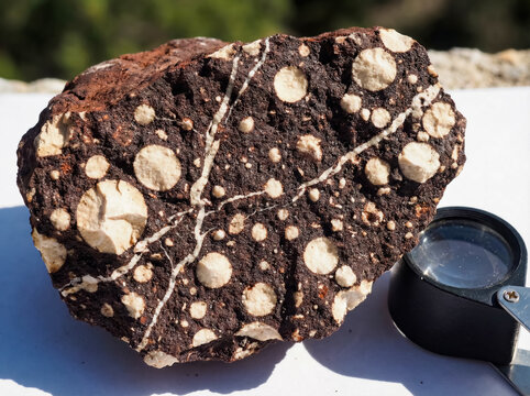 Rounded white cryptocrystalline boehmite pisolites embedded in a dark brown bauxite iron rich clay matrix.