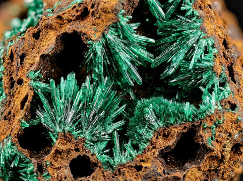 Fibrous emerald-green acicular brochantite crystals grouped in a secondary oxidation zone on a rusty-brown porous limonite matrix.