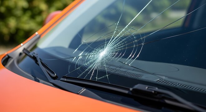 Closeup of a car windshield with a cracked and broken glass