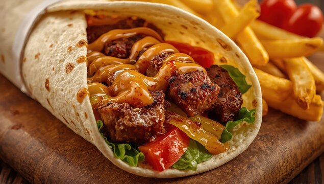 Savory beef kebab wrap with fries, veggies, and sauce, accompanied by fresh lettuce and tomato. Close-up food shot with a cozy, enticing appearance.