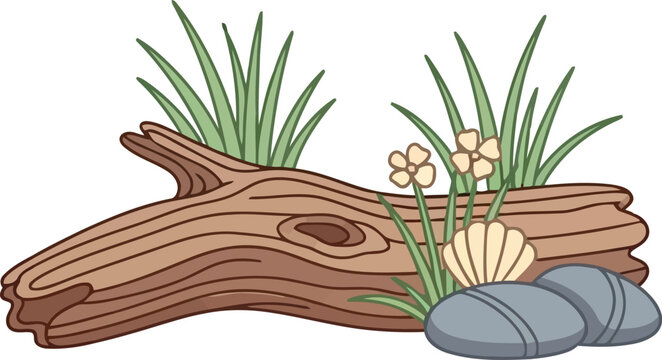 Cartoon Driftwood with Grass, Flowers, Shells, and Stones Isolated on White Background