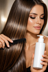 Fototapeta premium Natural Beauty Woman Glossy Strong Silky Hair Serum Shampoo Oil Bottles Advertisement Banner
