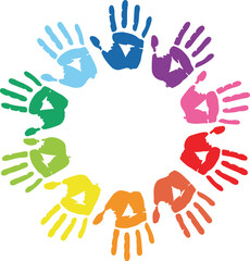 Obraz premium Multicolored Palm Prints Forming a Circular Ring Pattern, Vibrant Unity and Teamwork Concept vector illustration 