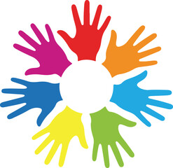 Obraz premium Rainbow Handprints in Circular Flower Pattern with White Center, Joyful Community and Collaboration Symbol vector illustration 