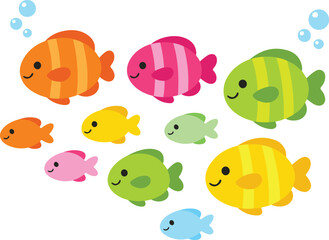 Obraz premium Cute Colorful Cartoon Fish School with Bubbles, Playful Flat Design Underwater Scene vector illustration 