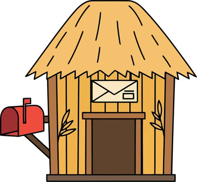 Cartoon straw hut with mailbox and envelope symbol, rustic rural house vector illustration