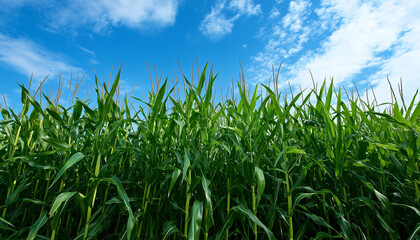 Fototapeta premium Green corn stalks grow tall in a sunny agricultural field under a clear blue sky. This healthy crop is ready for harvest, symbolizing nature and