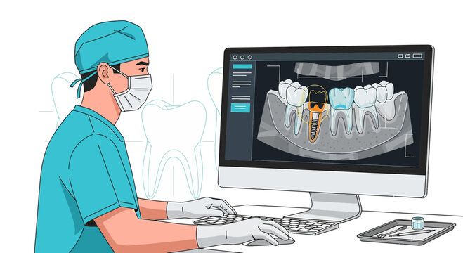 Dentist analyzes 3D dental scan on computer for implant surgery planning