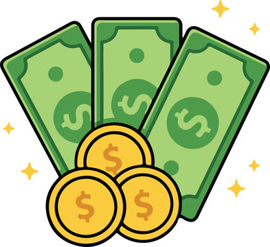 Fanned Green Dollar Bills with Golden Coin Stacks and Sparkles, Flat Design Money and Wealth Symbol vector illustration
