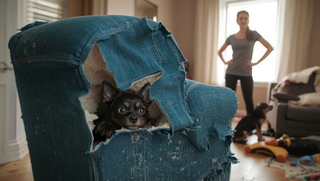 A woman reprimanding her mischievous dogs, with the smaller one hiding behind a damaged armchair.